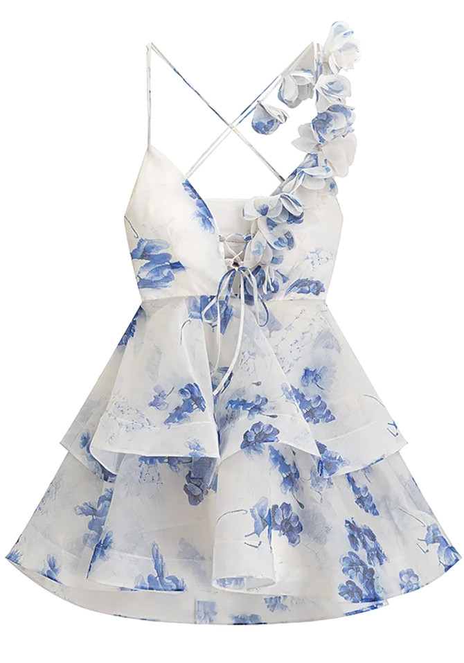 Floral Ruffle A Line Dress Blue