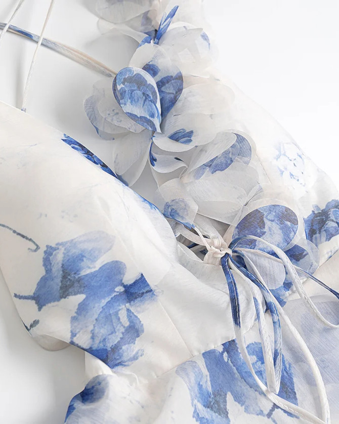 Floral Ruffle A Line Dress Blue