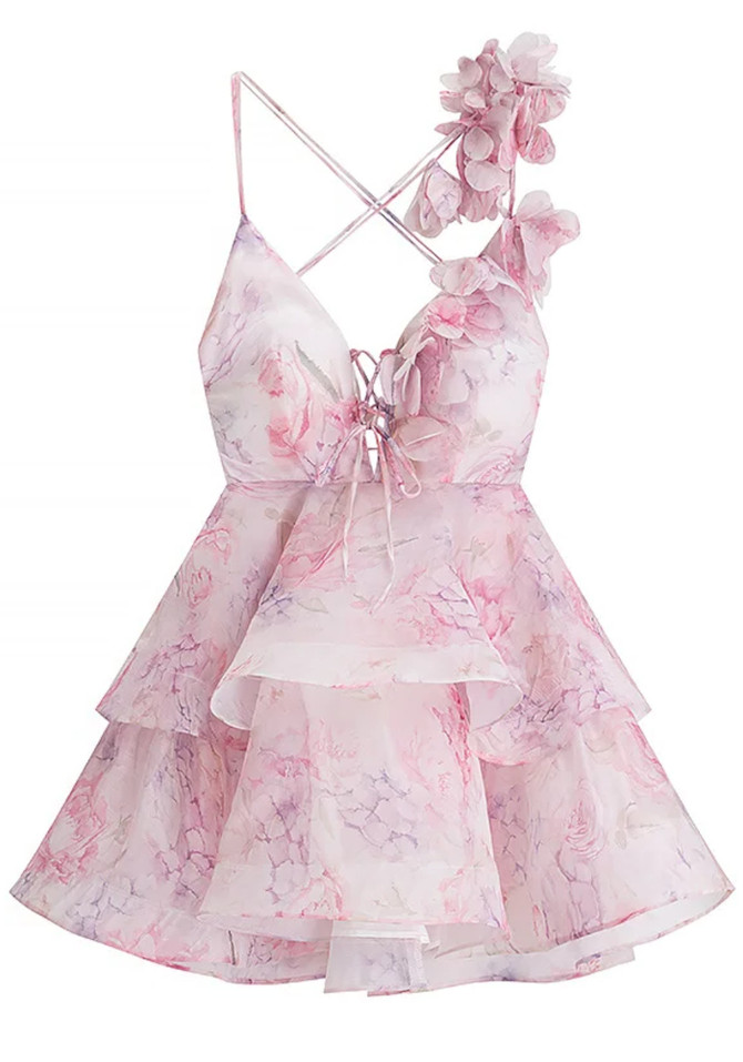 Floral Ruffle A Line Dress Pink