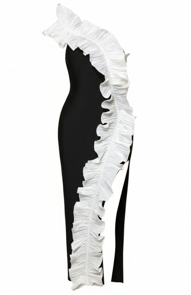 Ruffle One Shoulder Midi Dress Black White