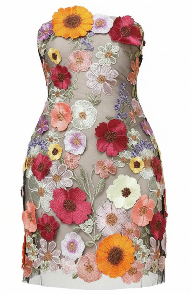 Strapless Floral Dress Grey
