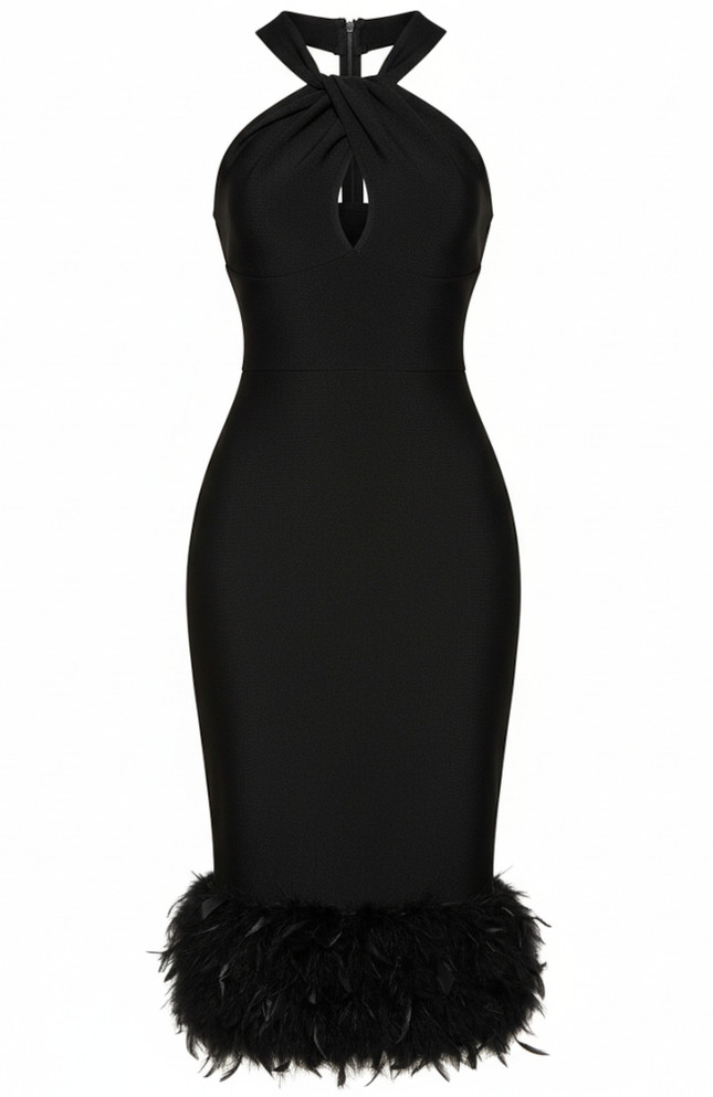 Halter Feather Detail Midi Dress Black