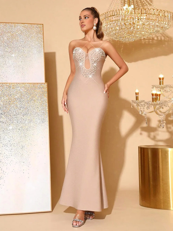 Strapless Crystal Pearl Maxi Dress Nude