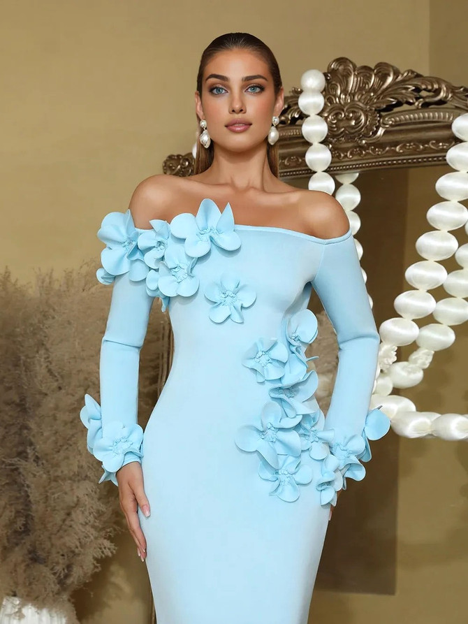 Long Sleeve Floral Bardot Maxi Dress Light Blue