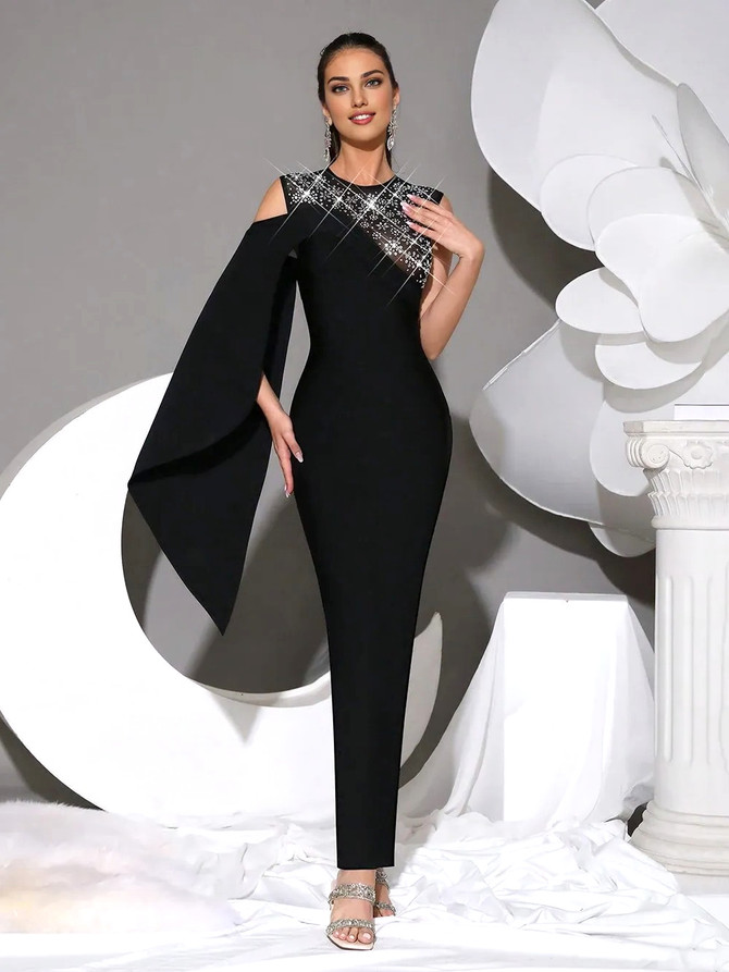 Cape Sleeve Crystal Maxi Dress Black