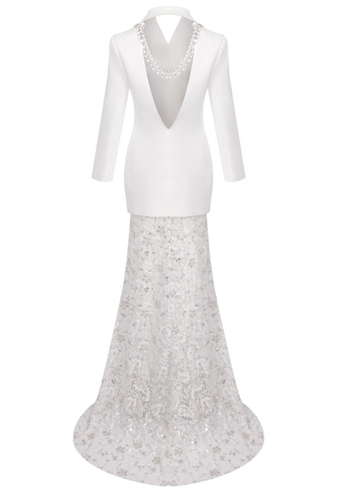 Long Sleeve Blazer Lace Maxi Two Piece Dress White