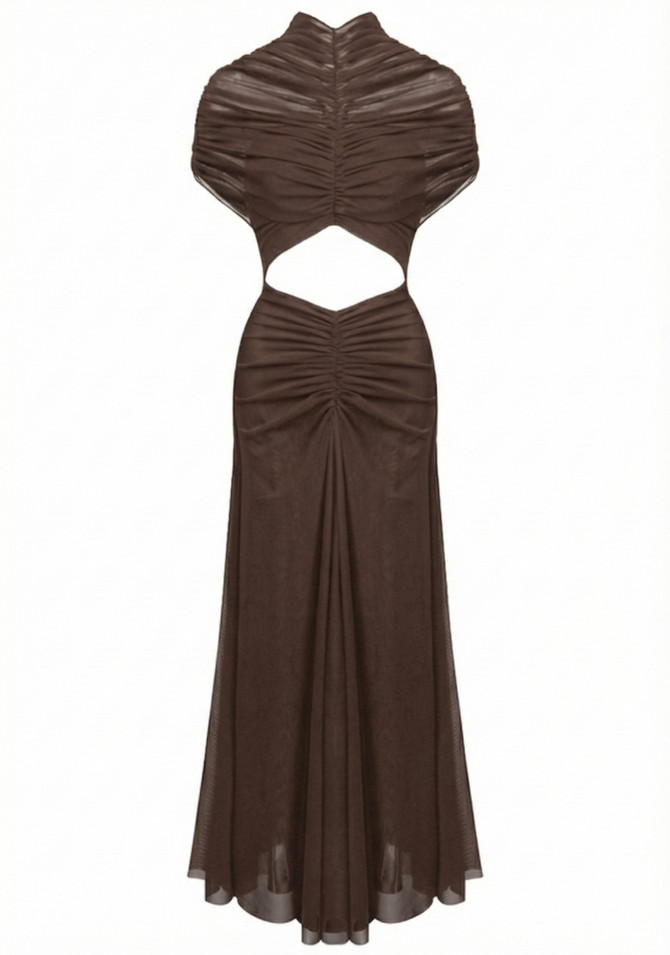Draped Mesh Cut Out A Line Maxi Dress Brown