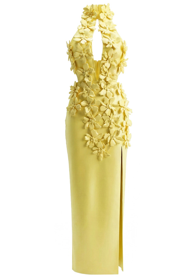 Halter Floral Cut Out Maxi Dress Yellow