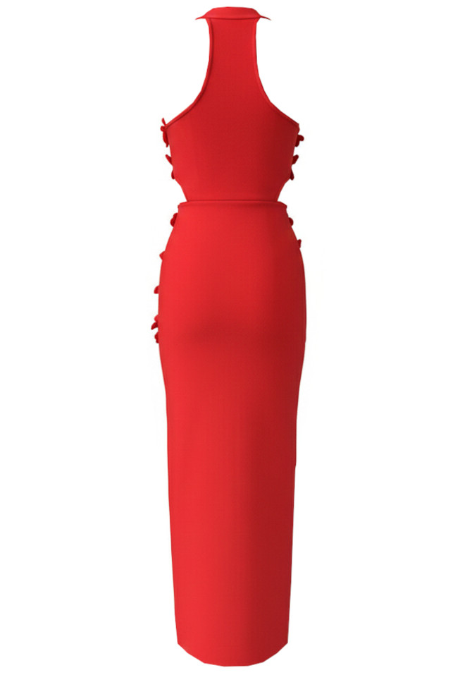 Halter Floral Cut Out Maxi Dress Red