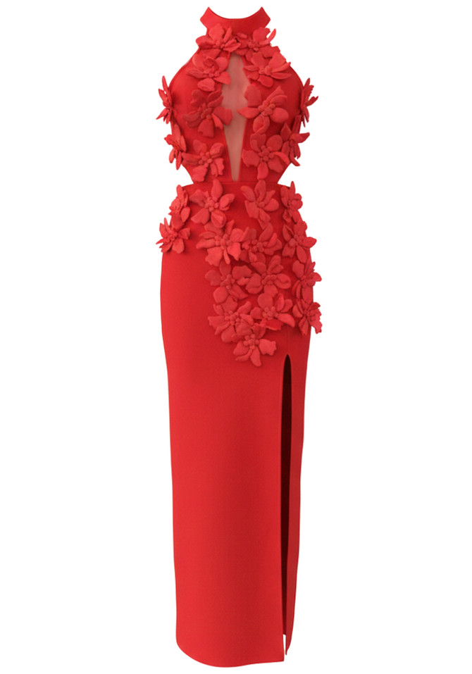 Halter Floral Cut Out Maxi Dress Red