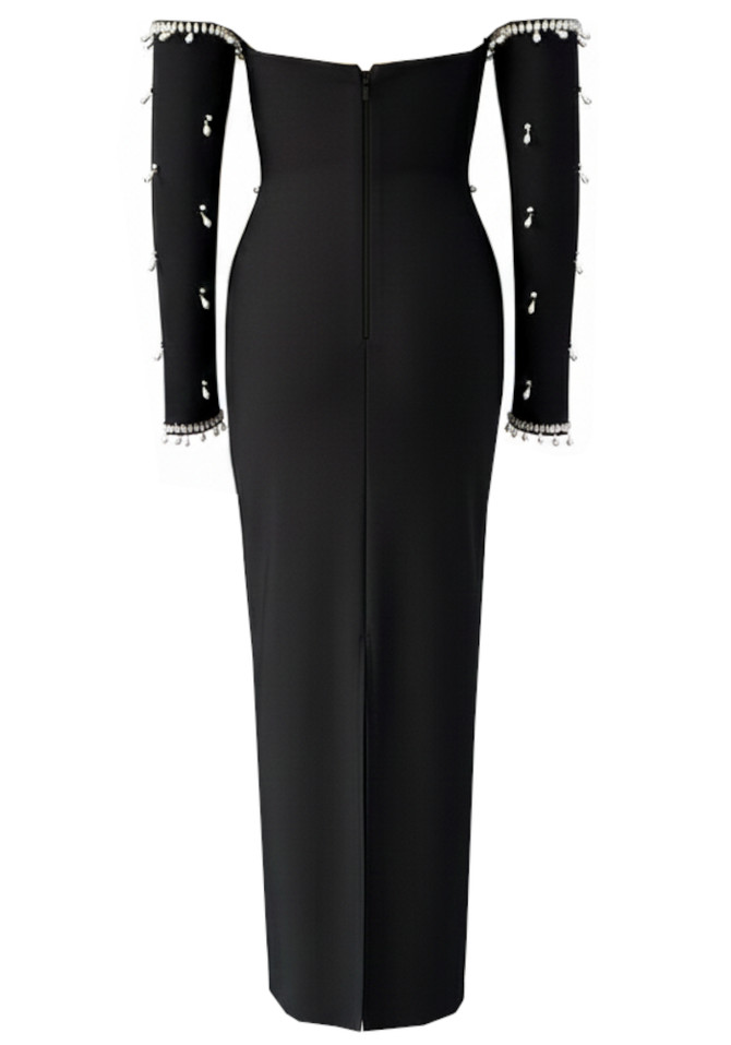 Long Sleeve Bardot Crystal Pearl Maxi Dress Black
