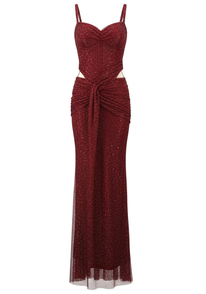 Draped Design Sparkly Maxi Dress Burgundy