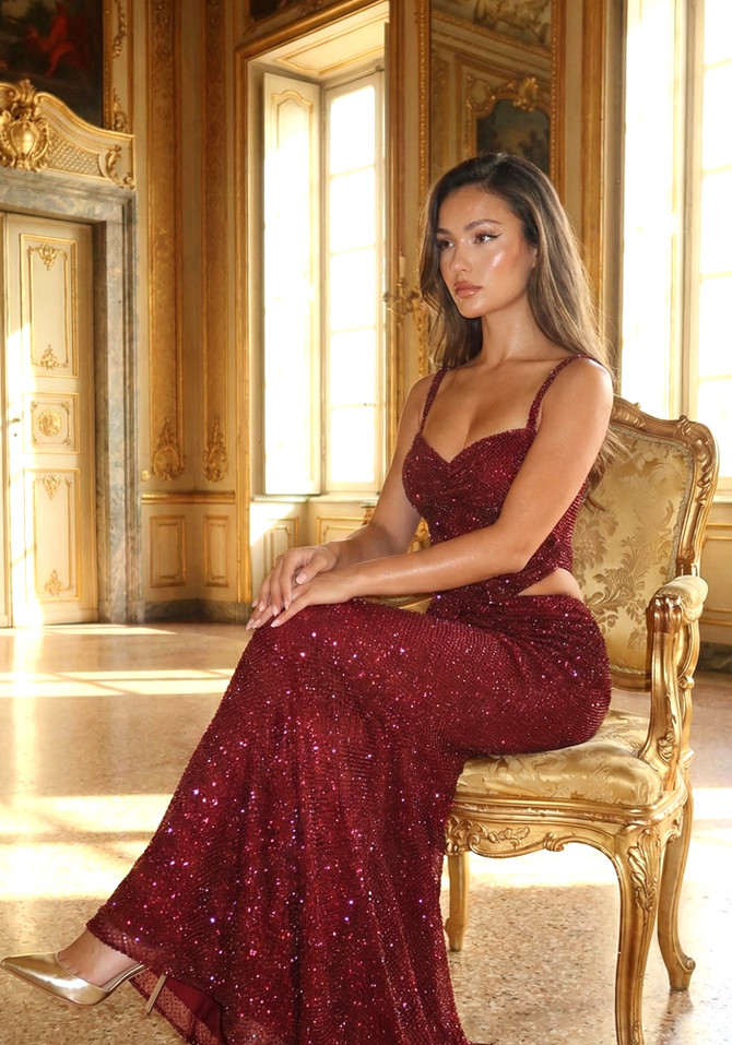 Draped Design Sparkly Maxi Dress Burgundy