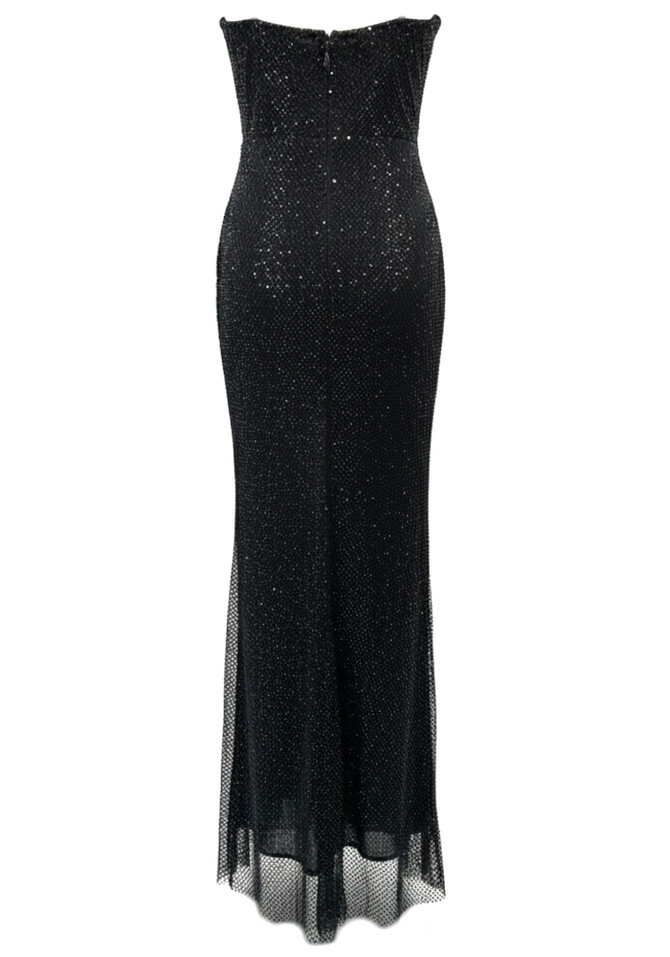 Strapless Crystal Bustier Sparkly Maxi Dress Black