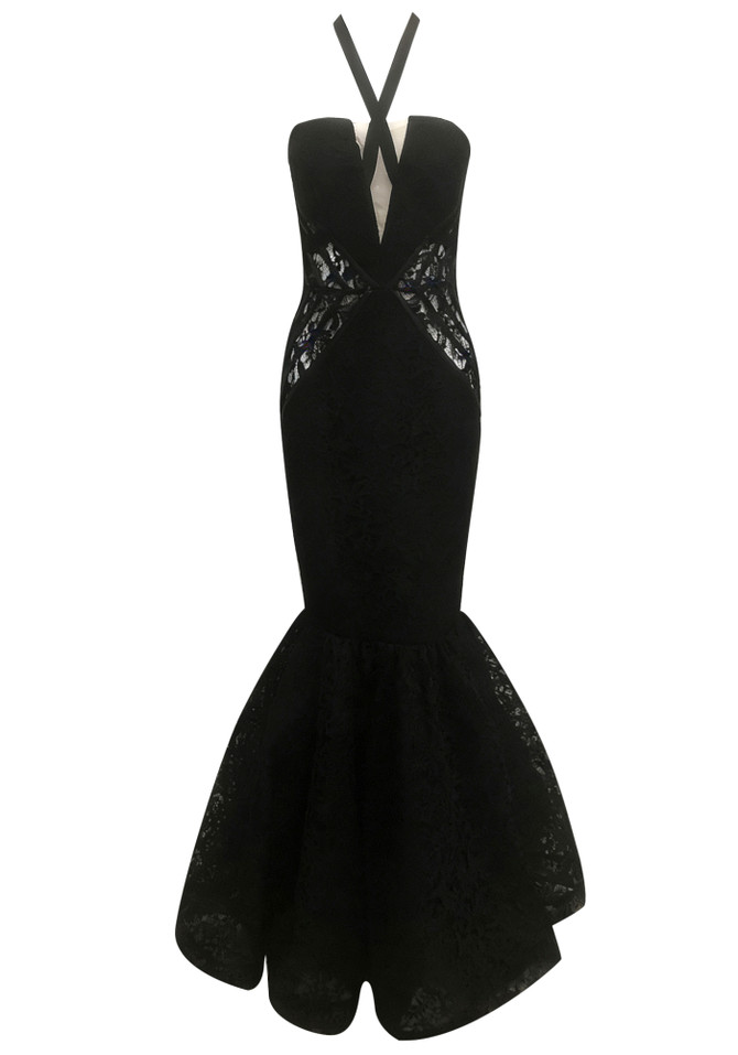 Halter Lace Insert Mermaid Maxi Dress Black