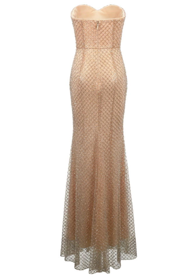 Strapless Crystal Sequin Draped Maxi Dress Nude