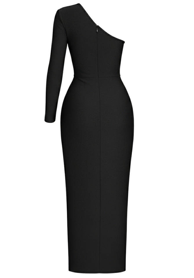 One Sleeve Crystal Floral Detail Maxi Dress Black