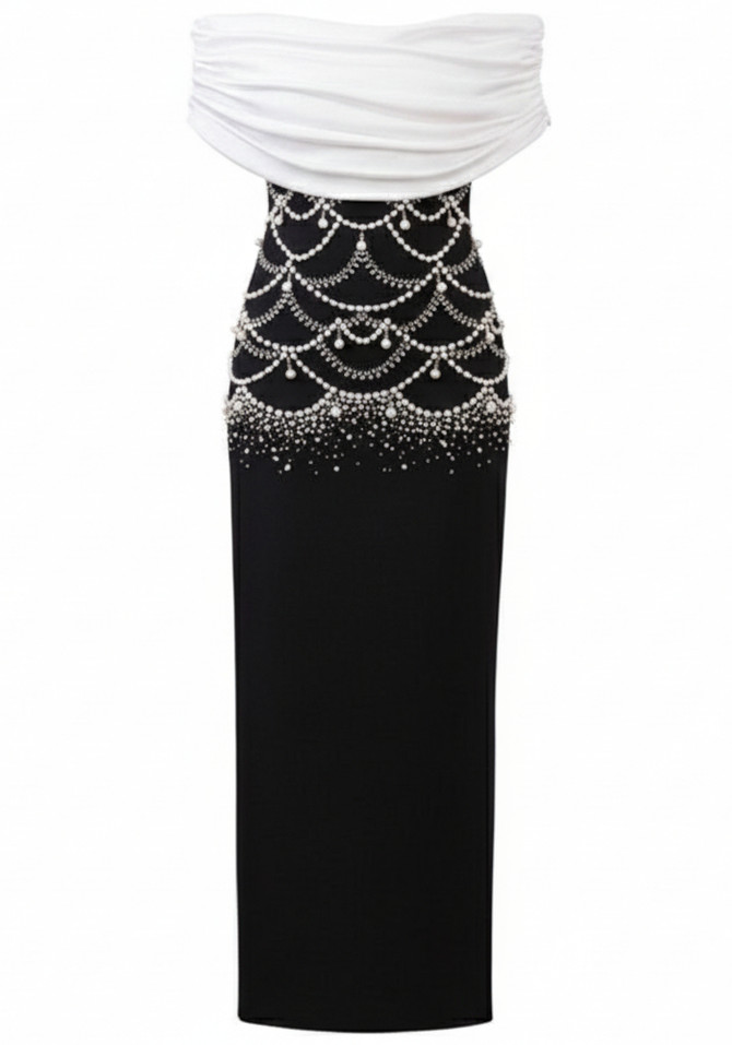 Draped Bardot Pearl Crystal Maxi Dress Black White