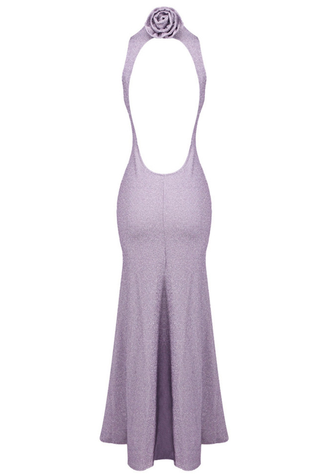 Sparkly Backless Floral Detail Maxi Dress Lavender