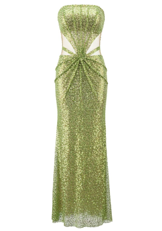 Strapless Sequin Mesh Insert Maxi Dress Green