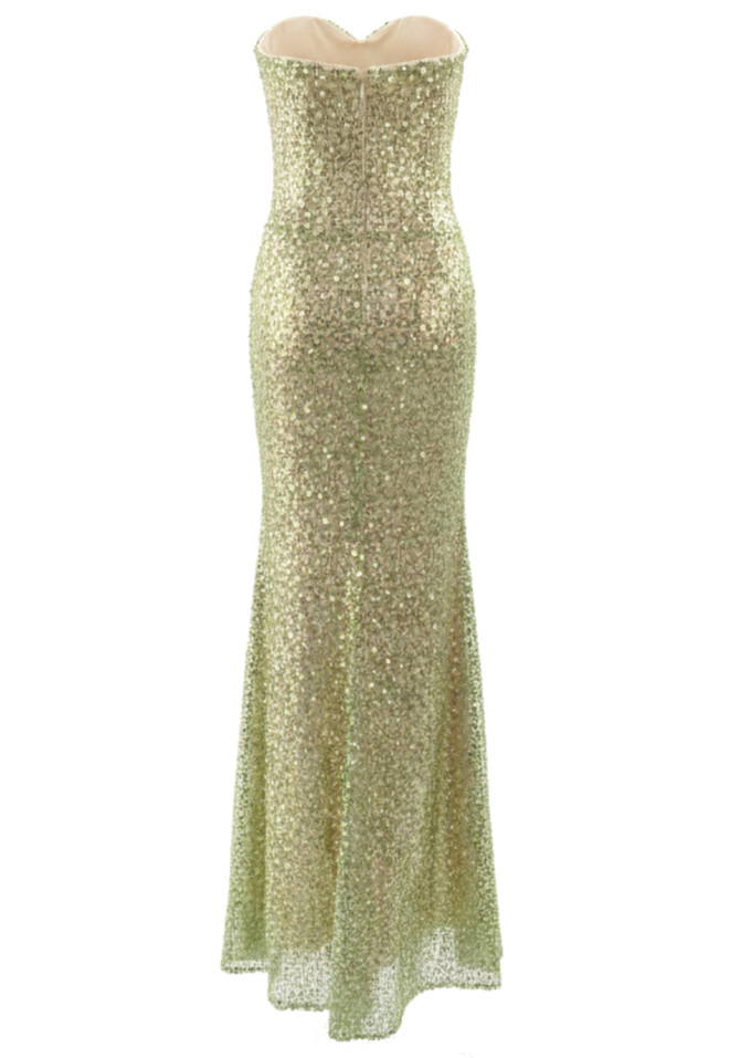 Strapless Sequin Mesh Insert Maxi Dress Green