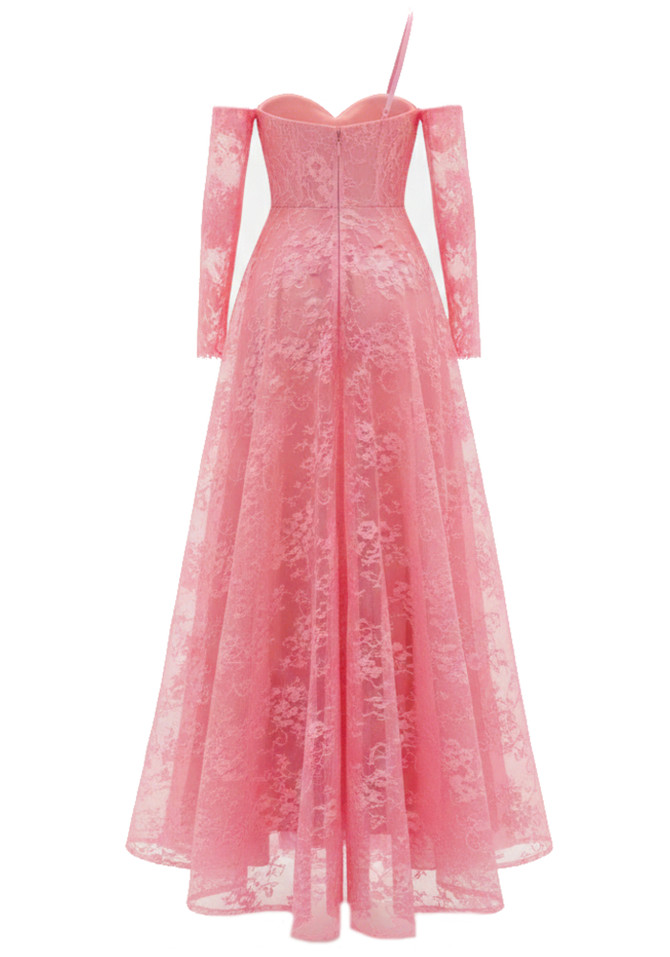 One Shoulder Lace Insert Maxi Dress Hot Pink
