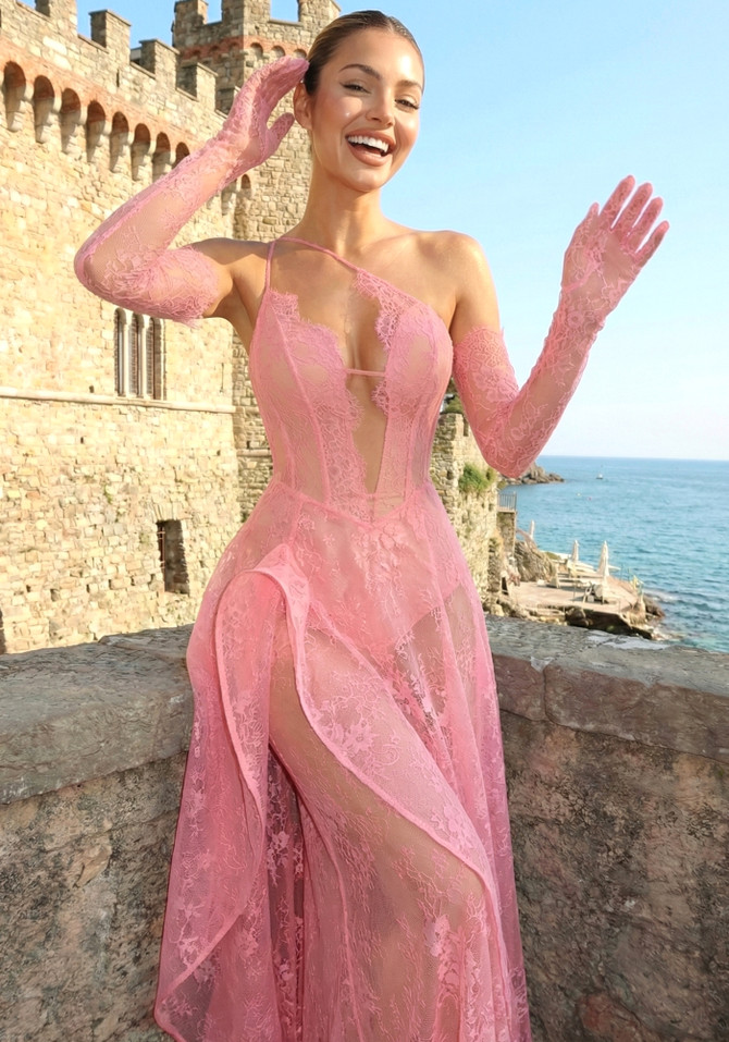 One Shoulder Lace Insert Maxi Dress Hot Pink