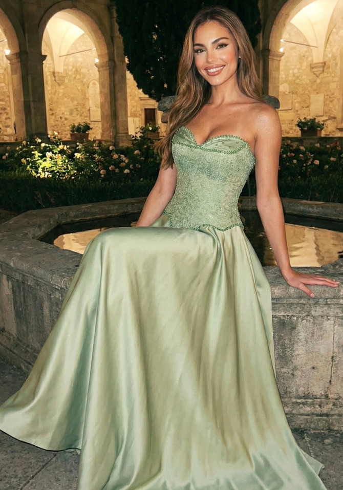 Strapless Embellished Lace Maxi Dress Green