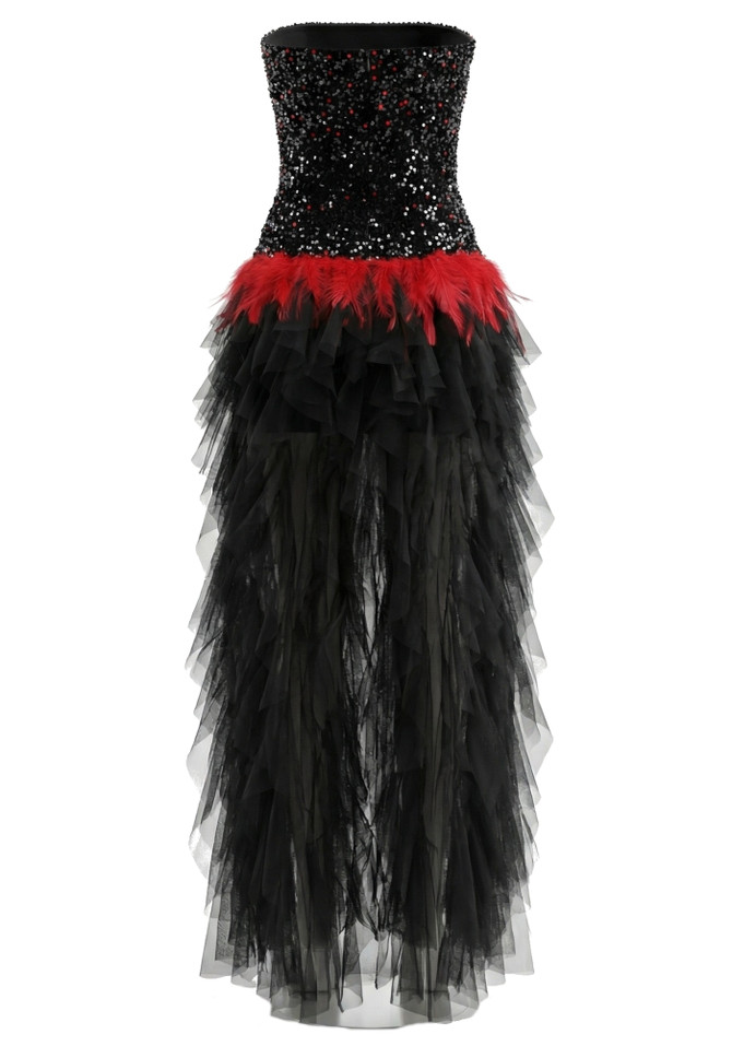 Strapless Sequin Ruffle Maxi Dress Black Red
