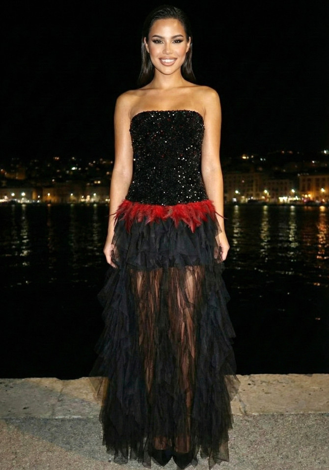 Strapless Sequin Ruffle Maxi Dress Black Red