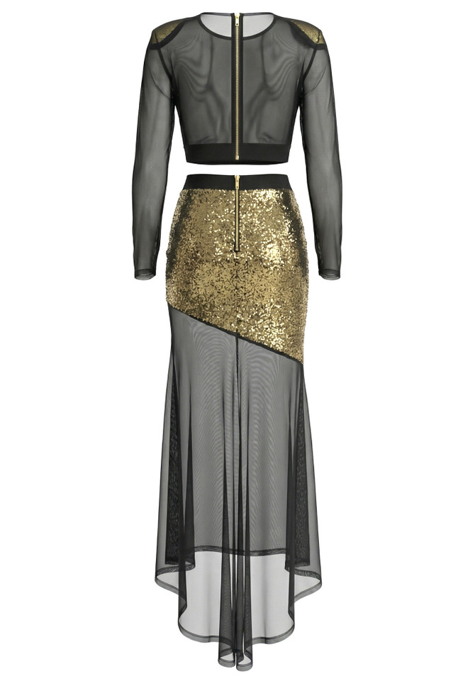 Long Sleeve Sequin Two Piece Maxi Dress Black Gold