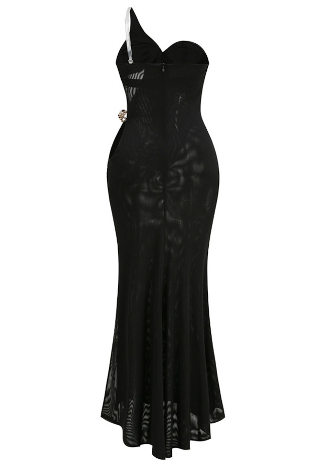 One Shoulder Draped Maxi Dress Black Gold