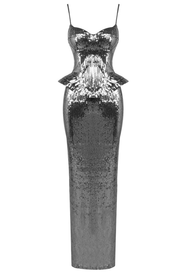 Sequin Peplum Corset Maxi Dress Silver