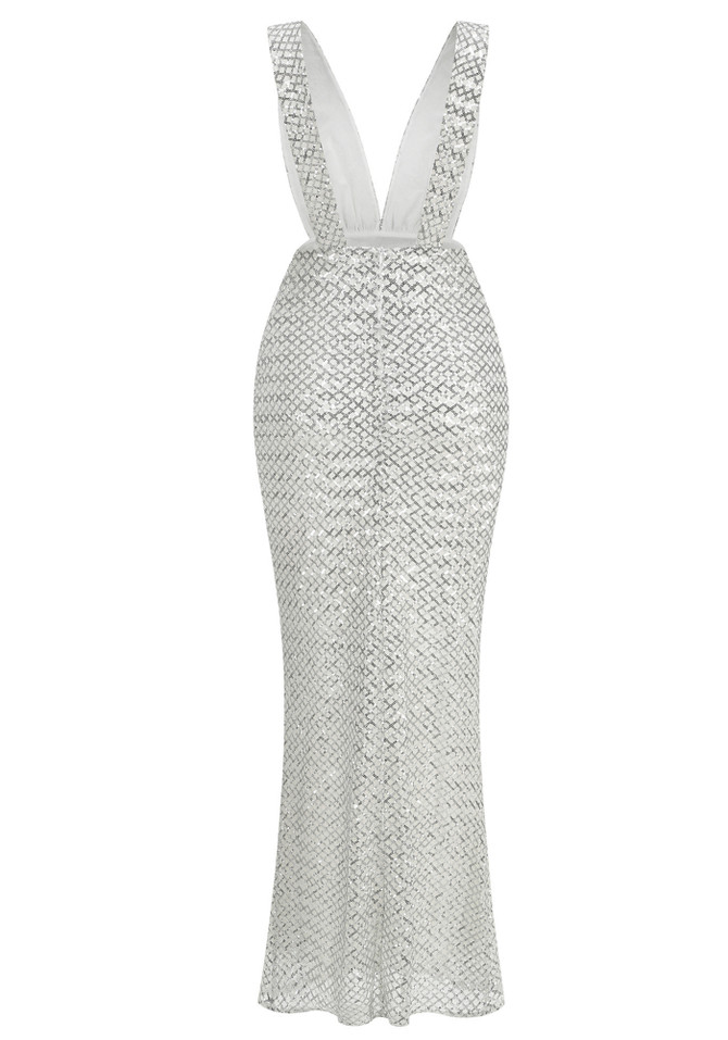Bow Detail Sequin Maxi Dress Silver