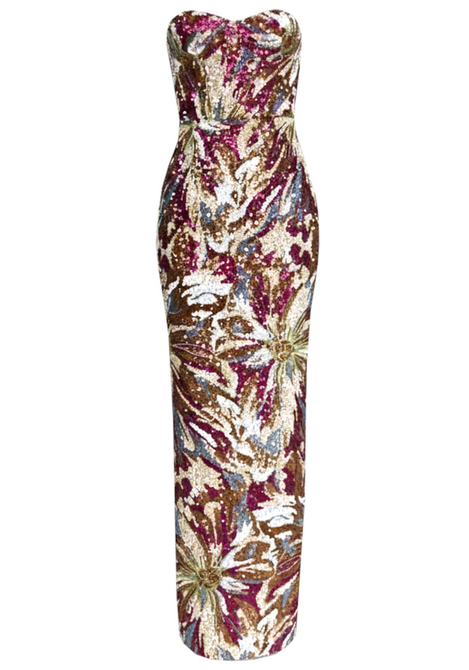 Strapless Sequin Floral Maxi Dress Hot Pink