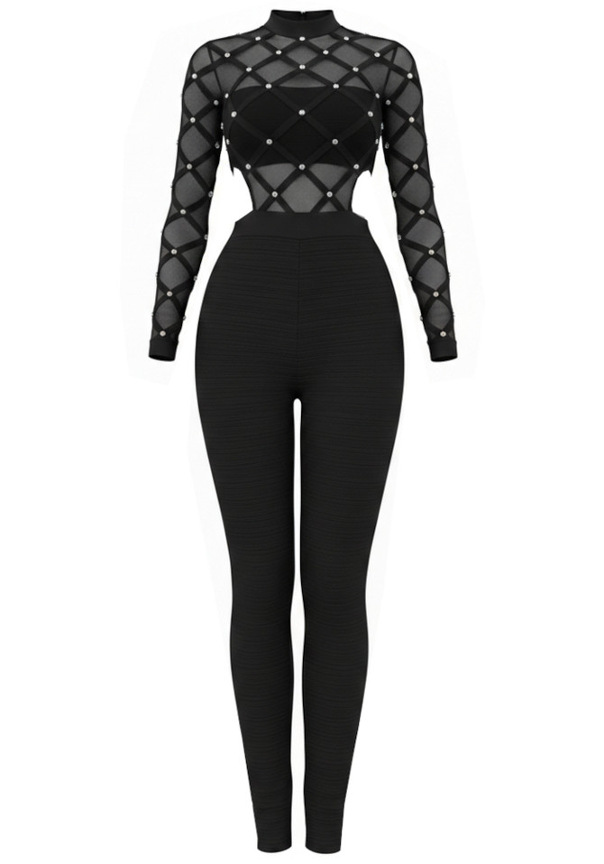 Long Sleeve Studded Mesh Detail Jumpsuit Black