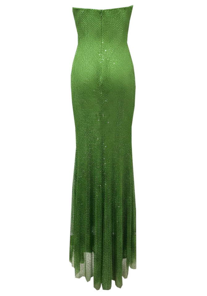 Strapless Crystal Draped Sparkly Maxi Dress Green