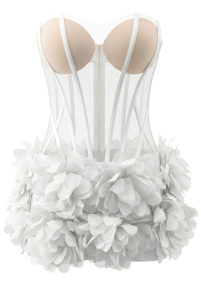 Strapless Petal Mesh Bustier Dress White
