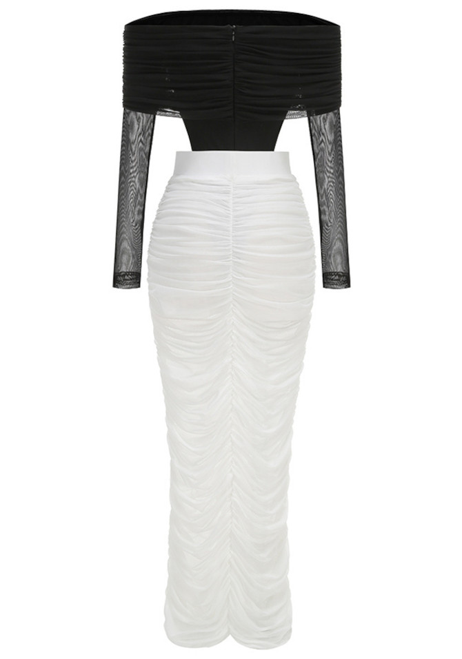 Long Sleeve Draped Bardot Maxi Dress Black White