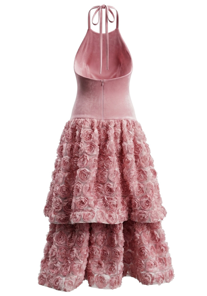 Halter Floral Ruffle A Line Maxi Dress Pink