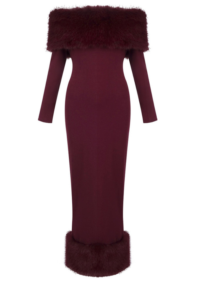 Long Sleeve Fur Bardot Midi Dress Burgundy