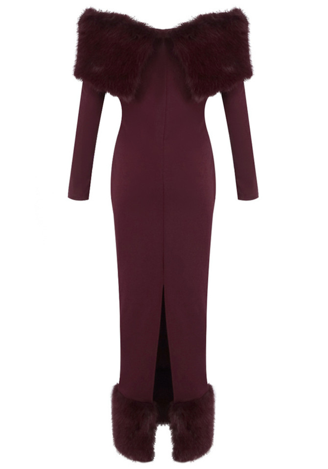 Long Sleeve Fur Bardot Midi Dress Burgundy