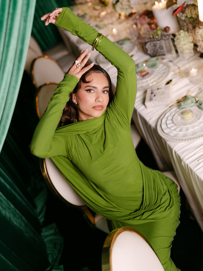 Long Sleeve Draped Maxi Dress Green