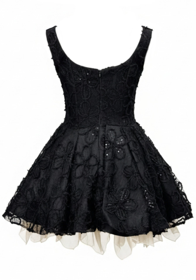 Sequin Floral Skater Dress Black