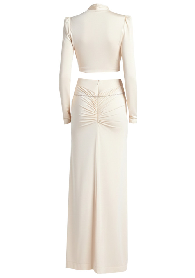 Long Sleeve Crystal Draped Maxi Dress Ivory