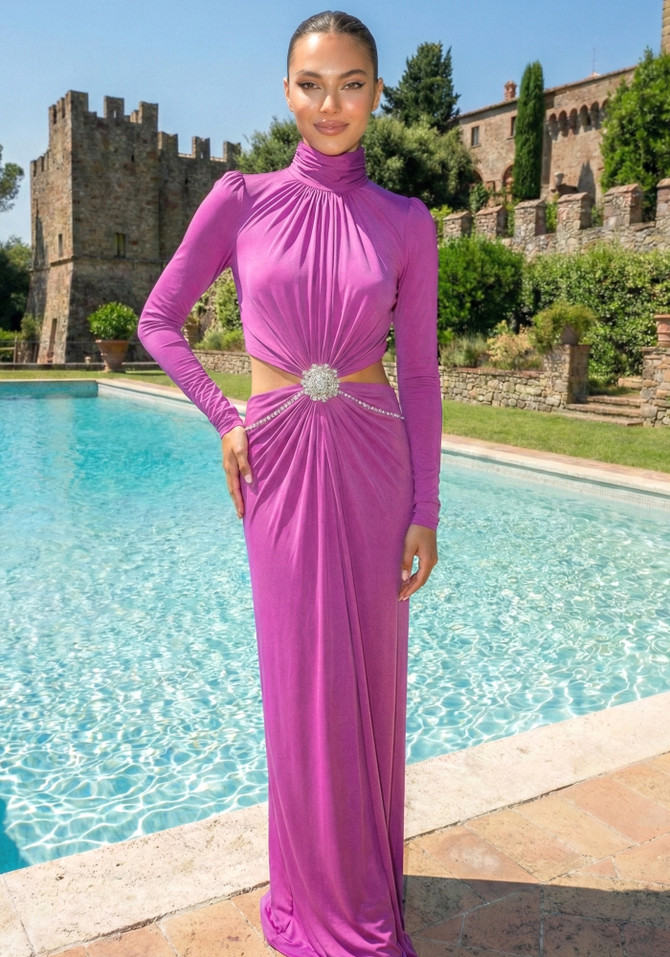 Long Sleeve Crystal Draped Maxi Dress Magenta