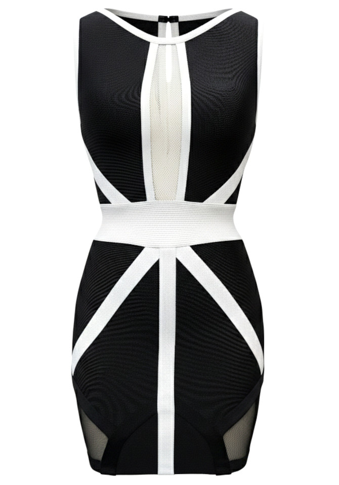 Mesh Insert Colorblock Dress Black White