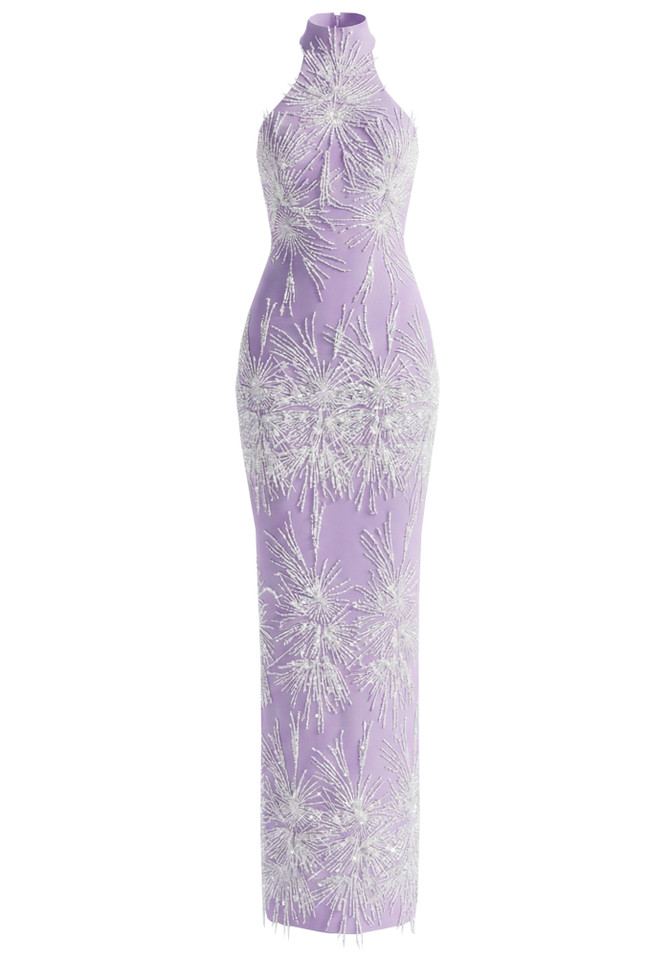Halter Pearl Sequin Embellished Maxi Dress Lavender