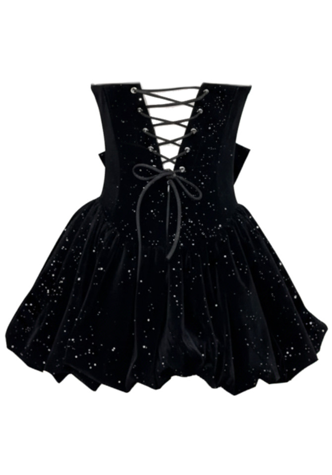 Strapless Sparkly Corset Bubble Velvet Dress Black