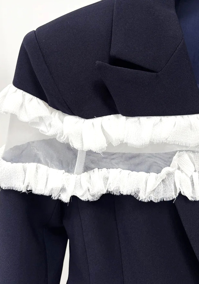 Frayed Ruffle Detail Suit Navy Blue